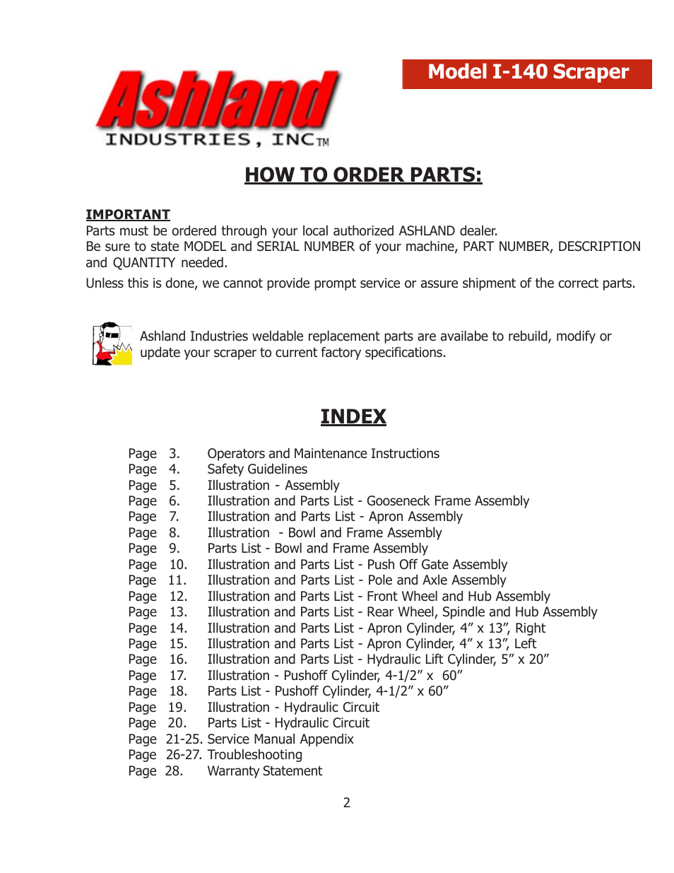 How to order parts, Index, Model i-140 scraper | Ashland I-140 User Manual | Page 2 / 28