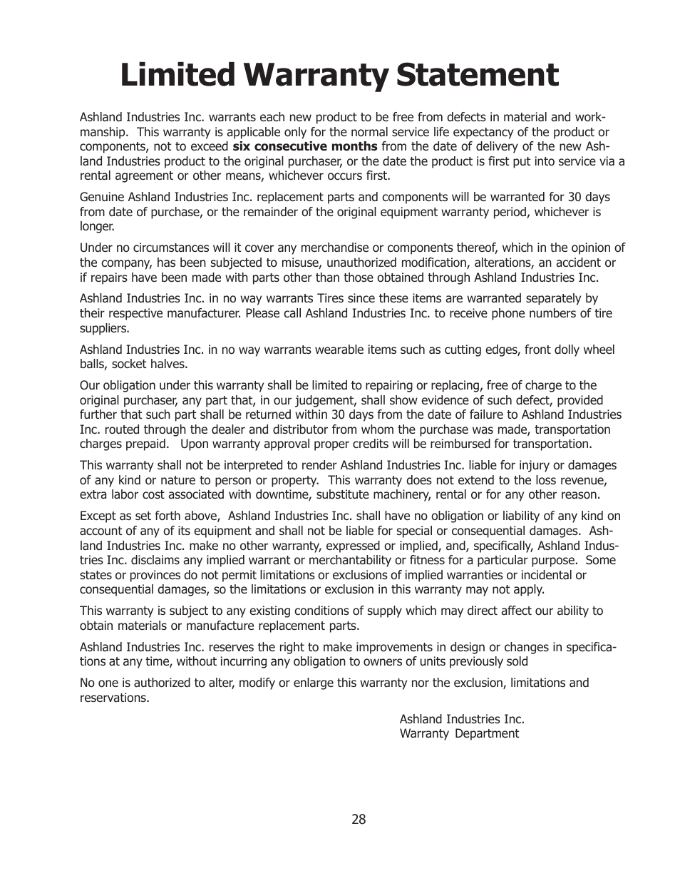 Limited warranty statement | Ashland I-140 User Manual | Page 28 / 28