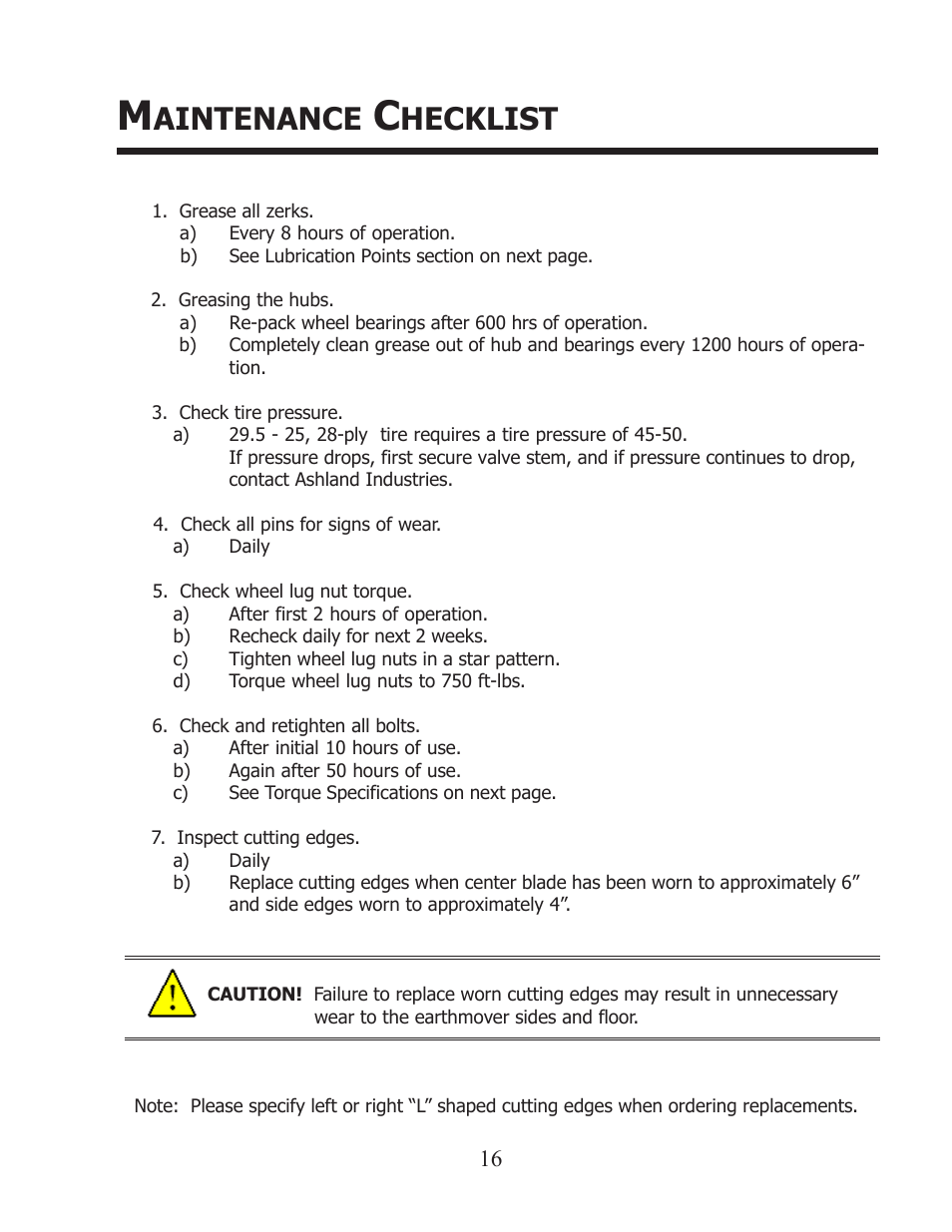 Aintenance, Hecklist | Ashland I-150SP User Manual | Page 16 / 24