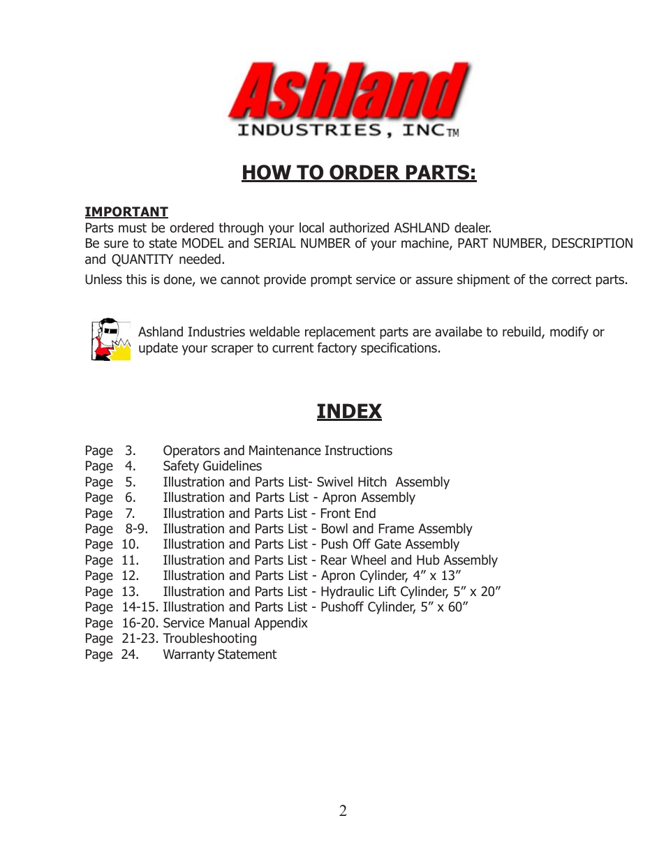 How to order parts, Index | Ashland I-150SP User Manual | Page 2 / 24