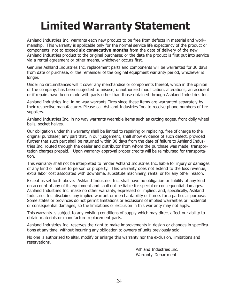 Limited warranty statement | Ashland I-150SP User Manual | Page 24 / 24