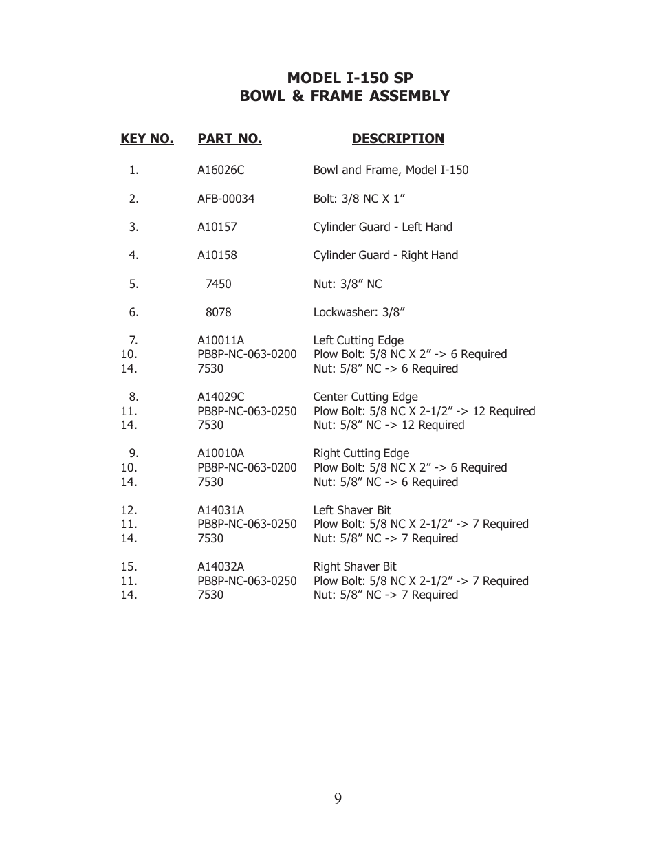 Model i-150 sp bowl & frame assembly | Ashland I-150SP User Manual | Page 9 / 24