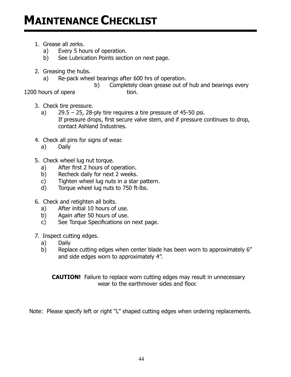 Aintenance, Hecklist | Ashland I-155-TS2 User Manual | Page 44 / 51