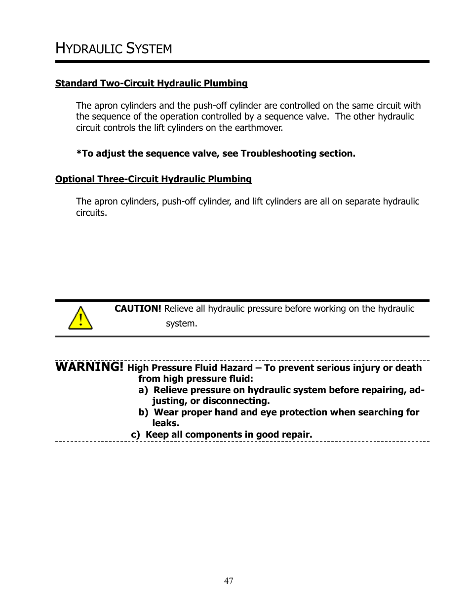 Ydraulic, Ystem, Warning | Ashland I-155-TS2 User Manual | Page 47 / 51