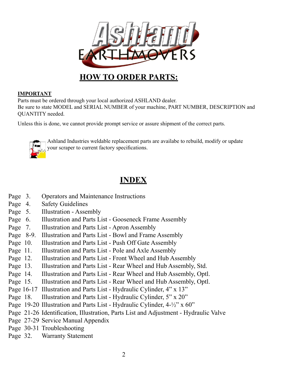 How to order parts, Index | Ashland I-155XL2 Ver 8-2006 User Manual | Page 2 / 37