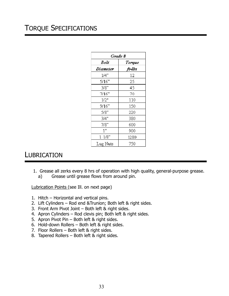 Orque, Pecifications, Ubrication | Ashland I-155XL2 Ver 8-2006 User Manual | Page 33 / 37