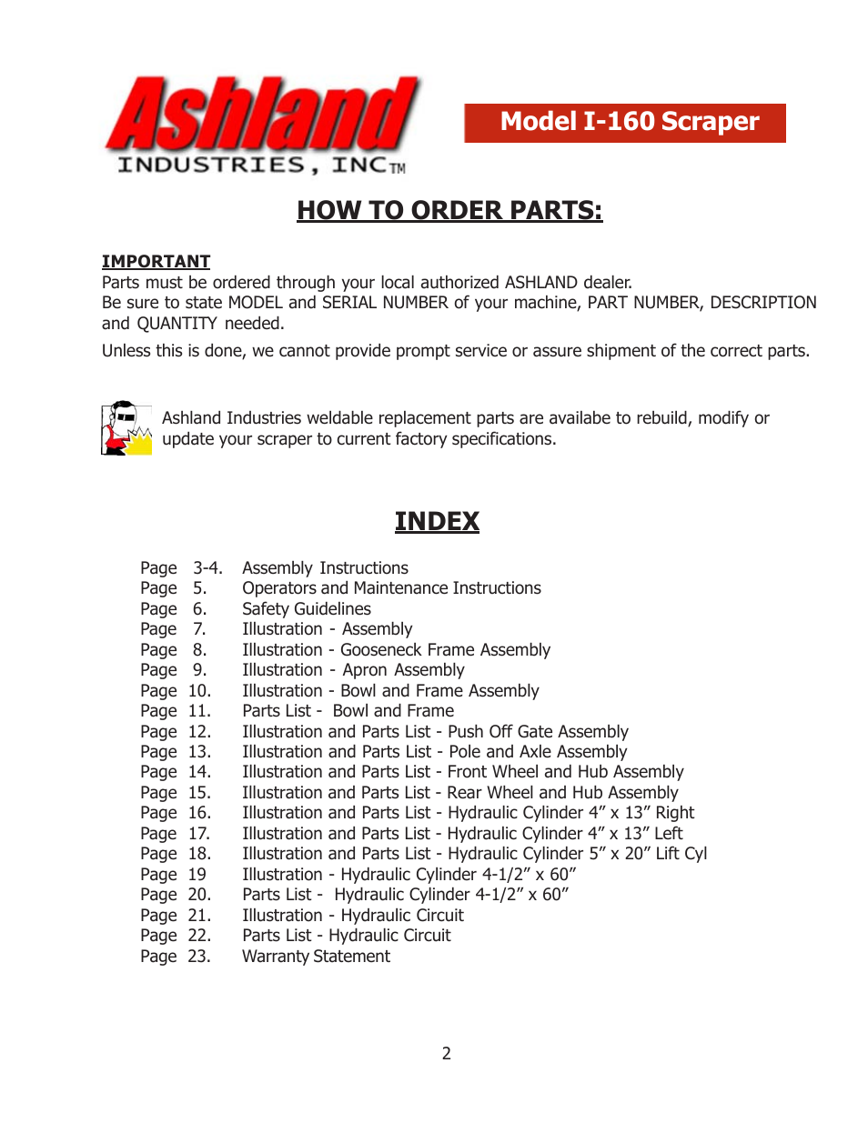 How to order parts, Index model i-160 scraper | Ashland I-160 User Manual | Page 2 / 23