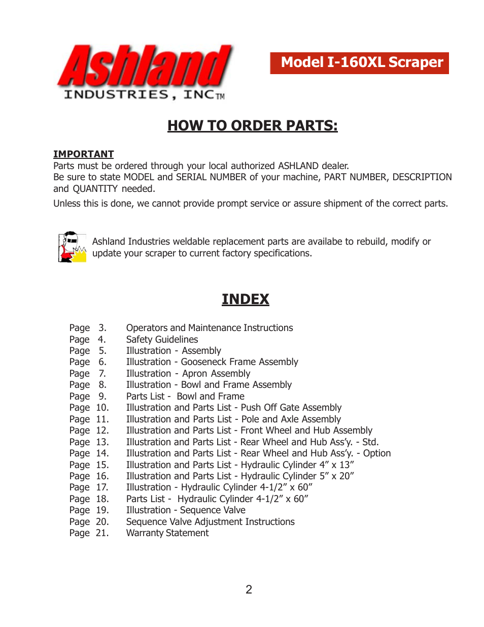 How to order parts, Index model i-160xl scraper | Ashland I-160 XL User Manual | Page 2 / 21