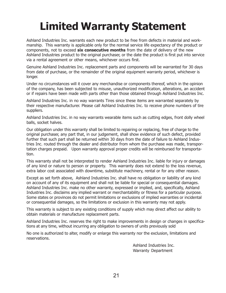 Limited warranty statement | Ashland I-160 XL User Manual | Page 21 / 21