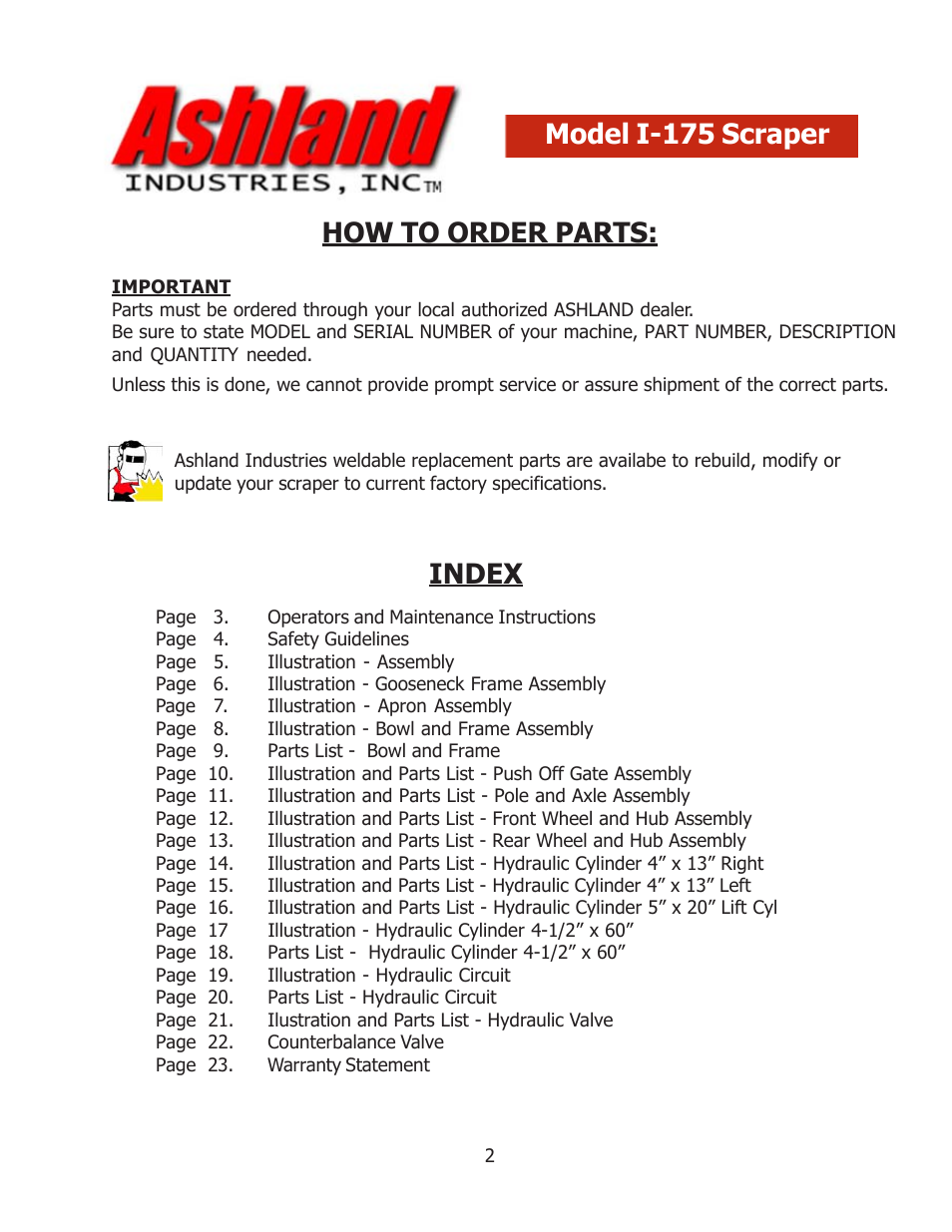 How to order parts, Index model i-175 scraper | Ashland I-175XL User Manual | Page 2 / 23