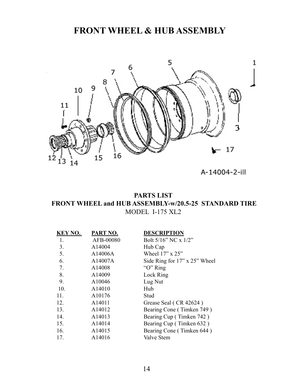 Front wheel & hub assembly | Ashland I-175XL2 User Manual | Page 14 / 38