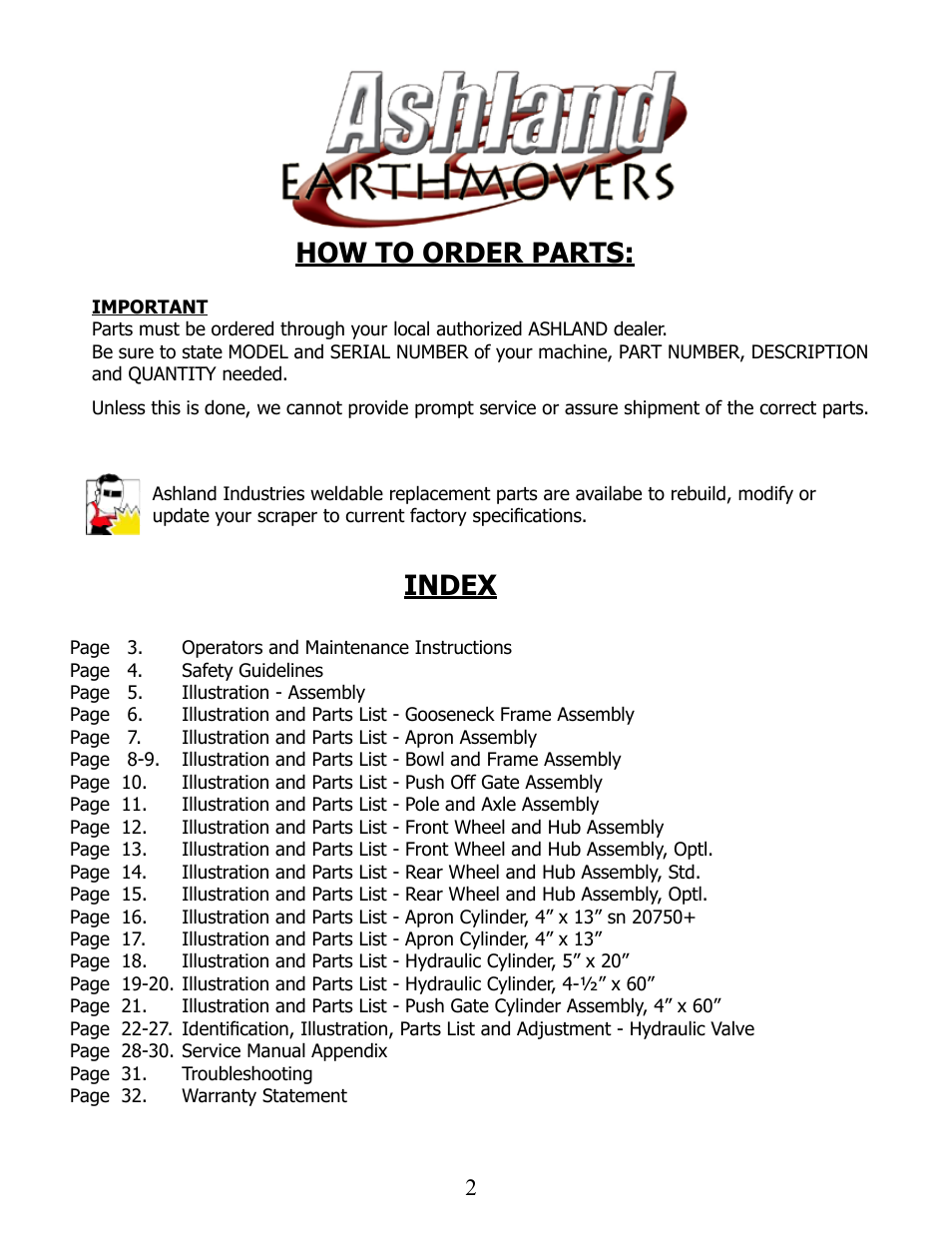 How to order parts, Index | Ashland I-175XL2 User Manual | Page 2 / 38