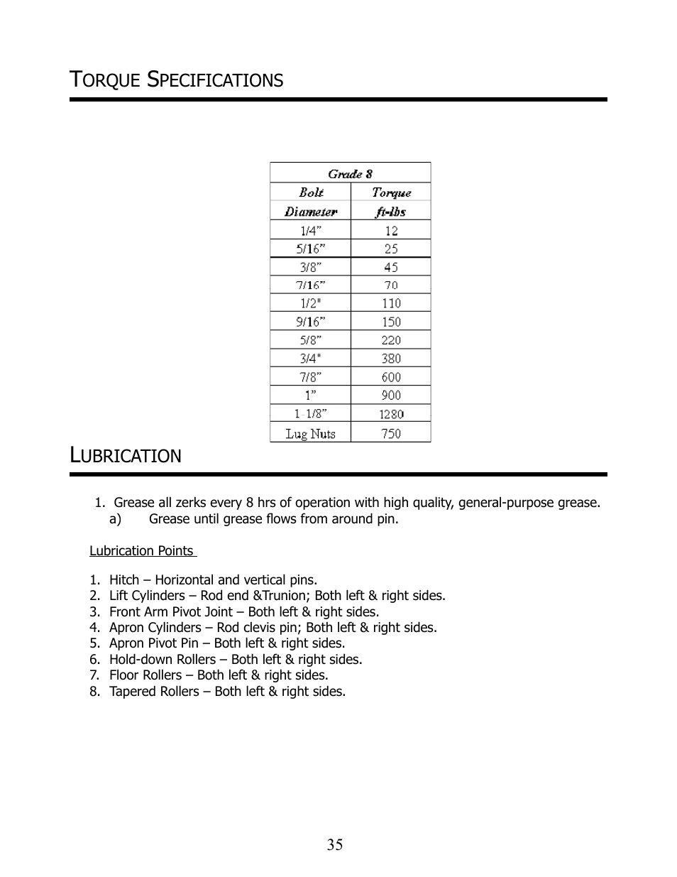 Orque, Pecifications, Ubrication | Ashland I-175XL2 User Manual | Page 35 / 38