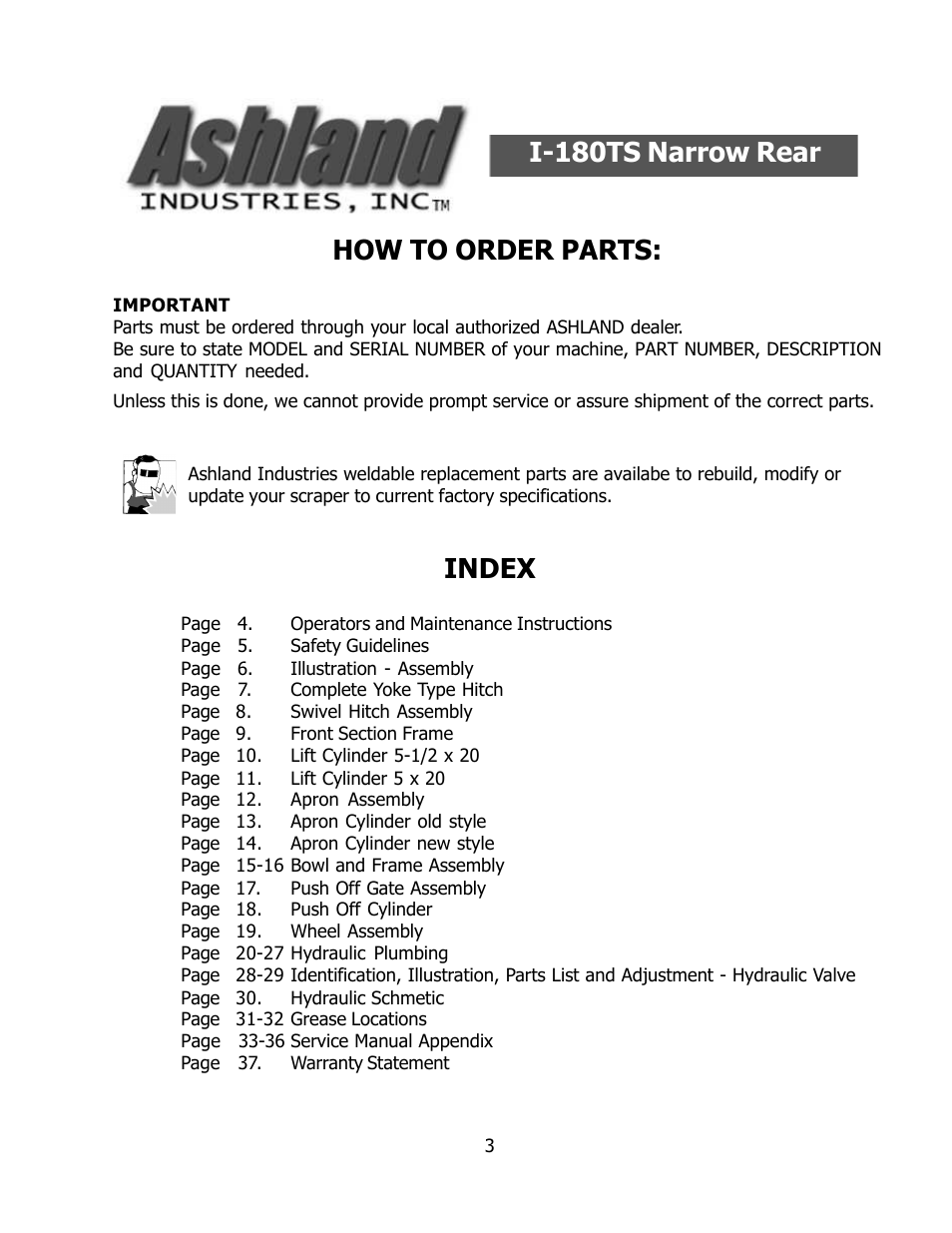 How to order parts, I-180ts narrow rear, Index | Ashland I-180 Narrow Rear User Manual | Page 3 / 37