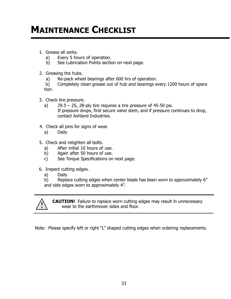 Aintenance, Hecklist | Ashland I-180 Narrow Rear User Manual | Page 33 / 37