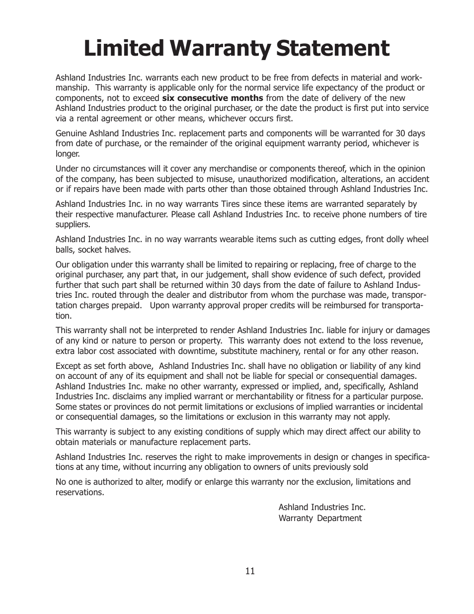 Limited warranty statement | Ashland L-112 User Manual | Page 11 / 11