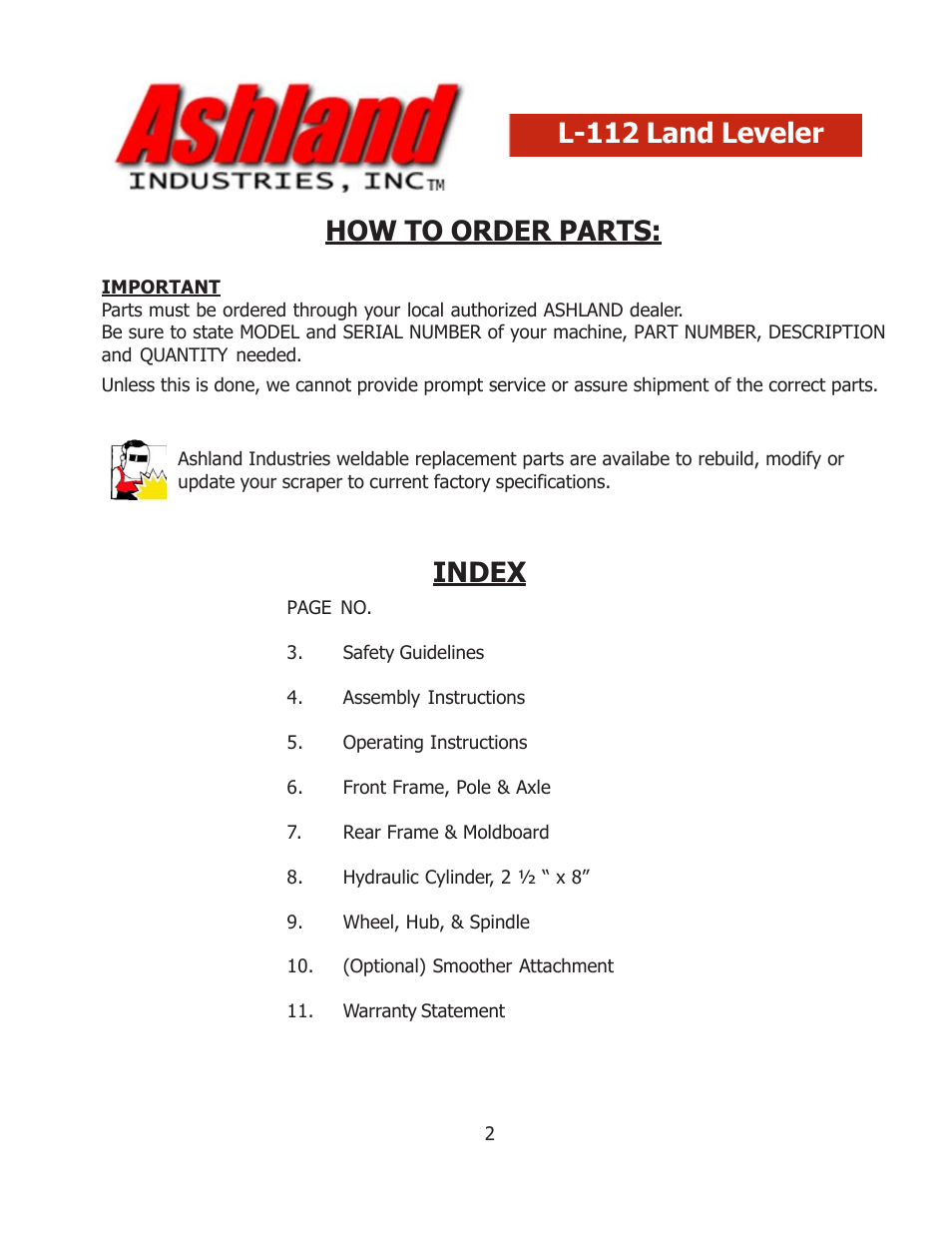 How to order parts, Index l-112 land leveler | Ashland L-112 User Manual | Page 2 / 11