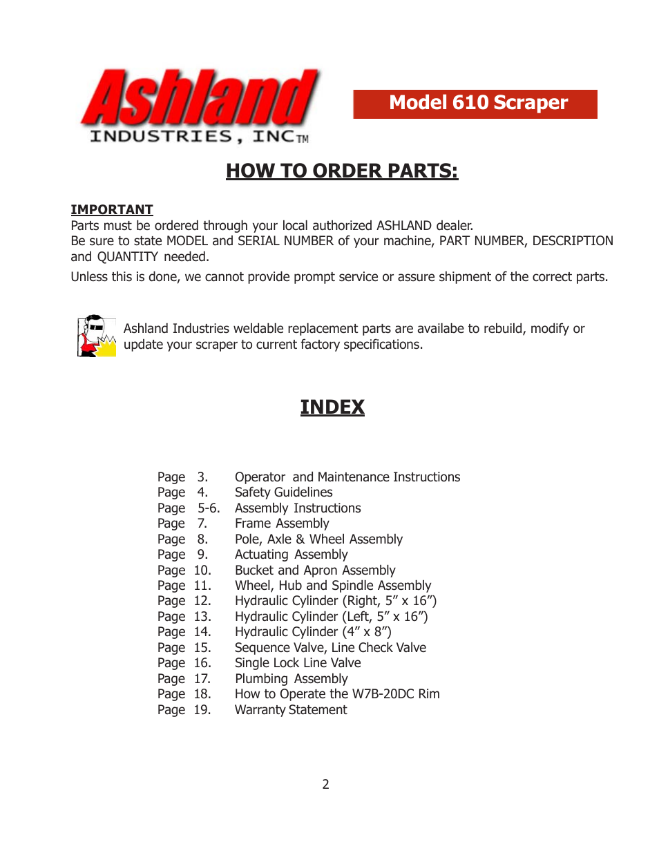 How to order parts, Index model 610 scraper | Ashland 610 User Manual | Page 2 / 19
