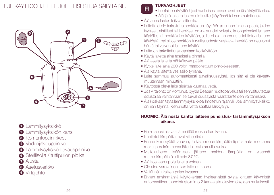 Lue käyttöohjeet huolellisesti ja säilytä ne | BEABA Feeding bottle warmers Bib'expresso User Manual | Page 29 / 45