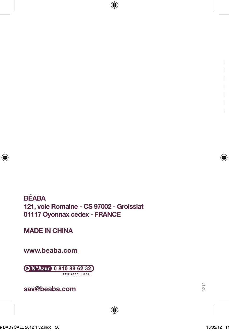 Babycall 1 | BEABA Babycall 1 User Manual | Page 56 / 56