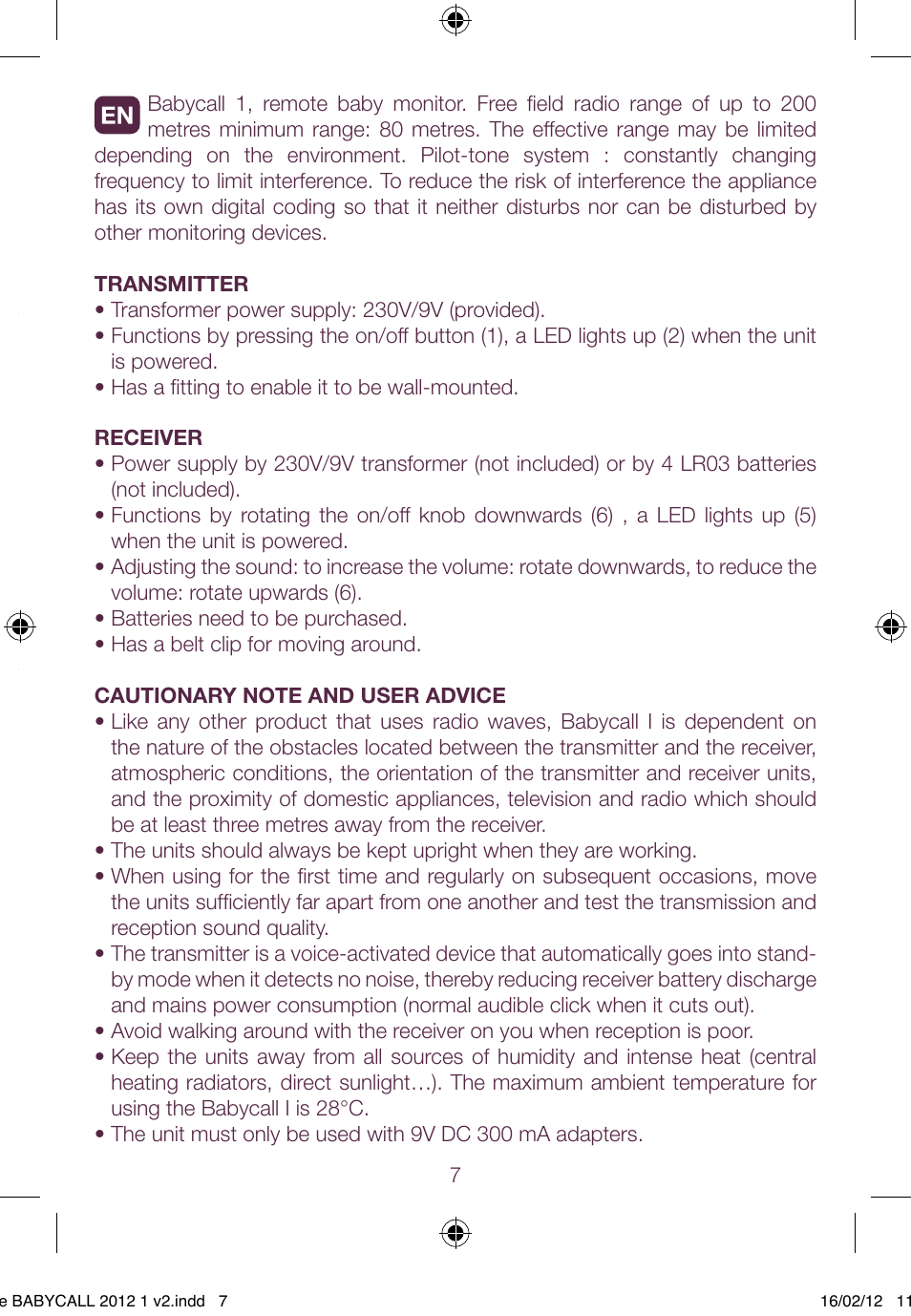 BEABA Babycall 1 User Manual | Page 7 / 56