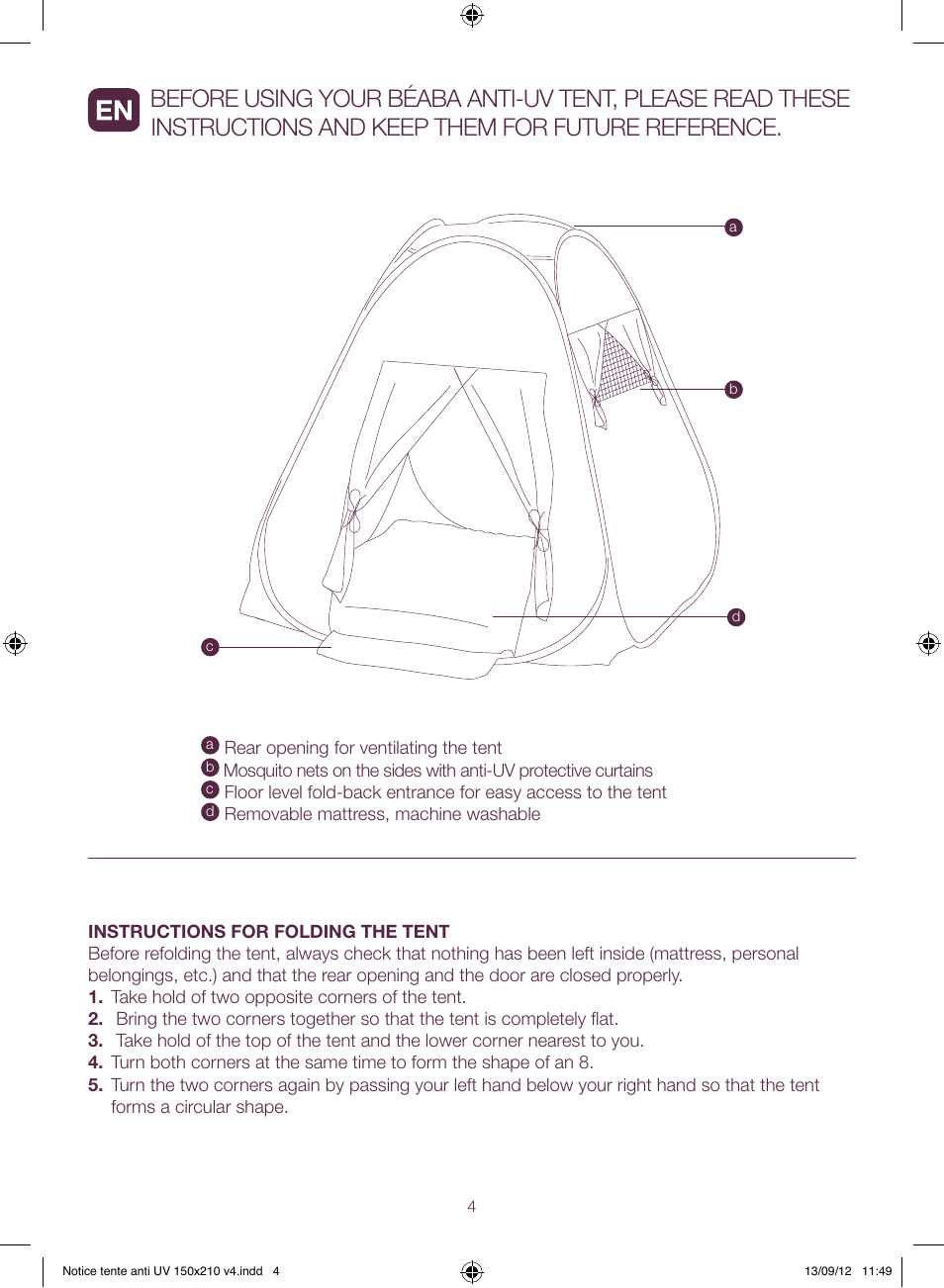 BEABA UV-resistant tent User Manual | Page 4 / 16