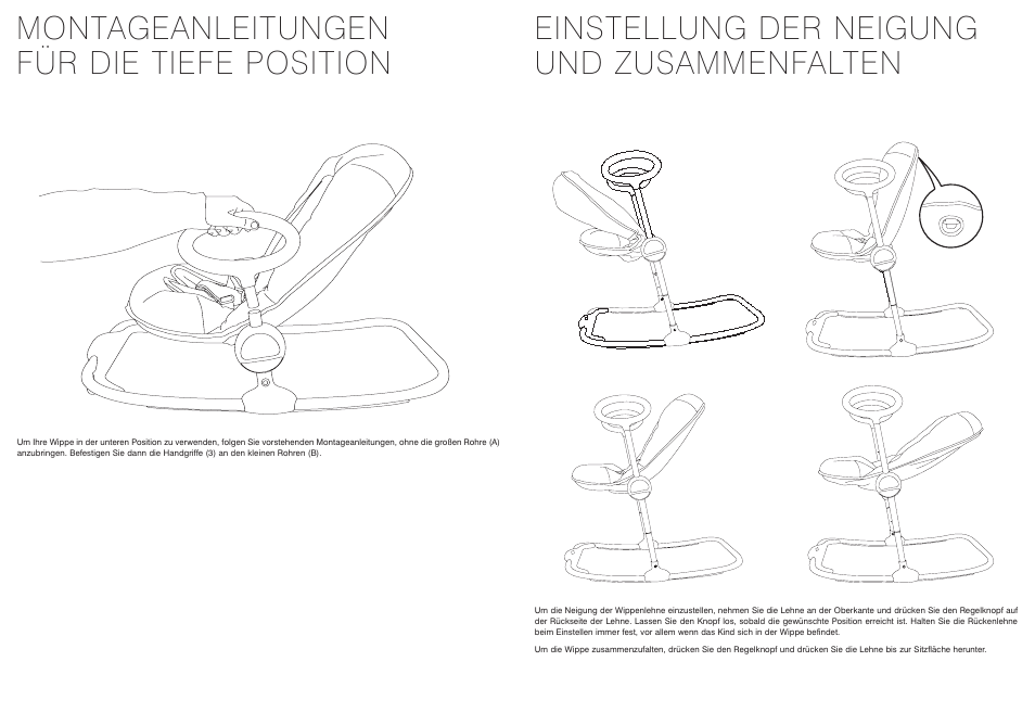 Montageanleitungen für die tiefe position, Einstellung der neigung und zusammenfalten | BEABA Up&Down bouncer User Manual | Page 13 / 30