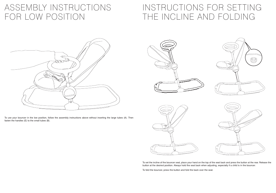 Assembly instructions for low position, Instructions for setting the incline and folding | BEABA Up&Down bouncer User Manual | Page 8 / 30