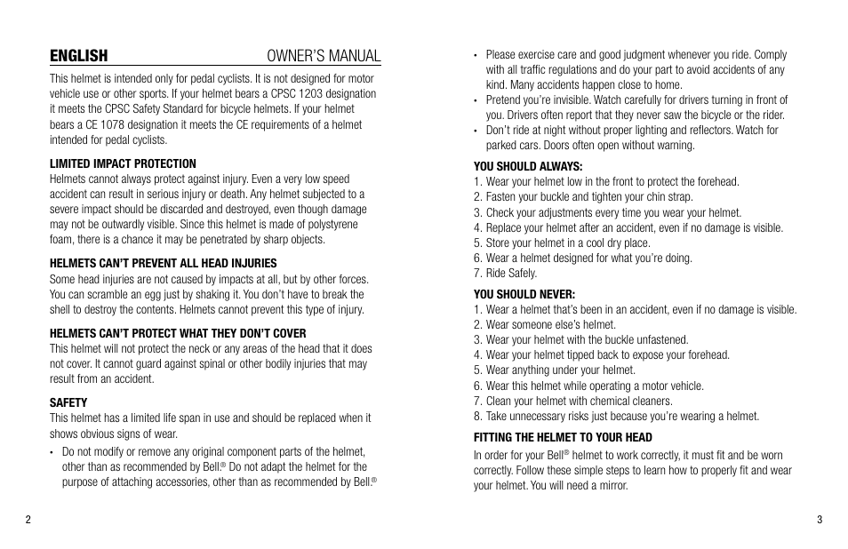 English owner’s manual | Bell Bike Standard Helmet User Manual | Page 3 / 51