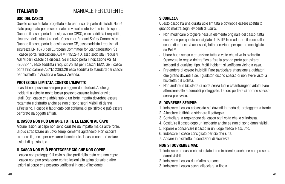 Italiano manuale per l’utente | Bell Bike Full-Face Helmet User Manual | Page 22 / 41