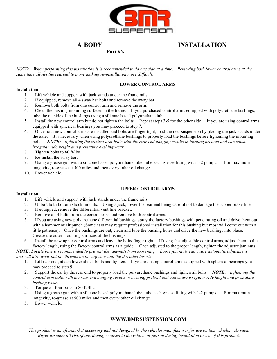 BMR Suspension RSK017 User Manual | 2 pages