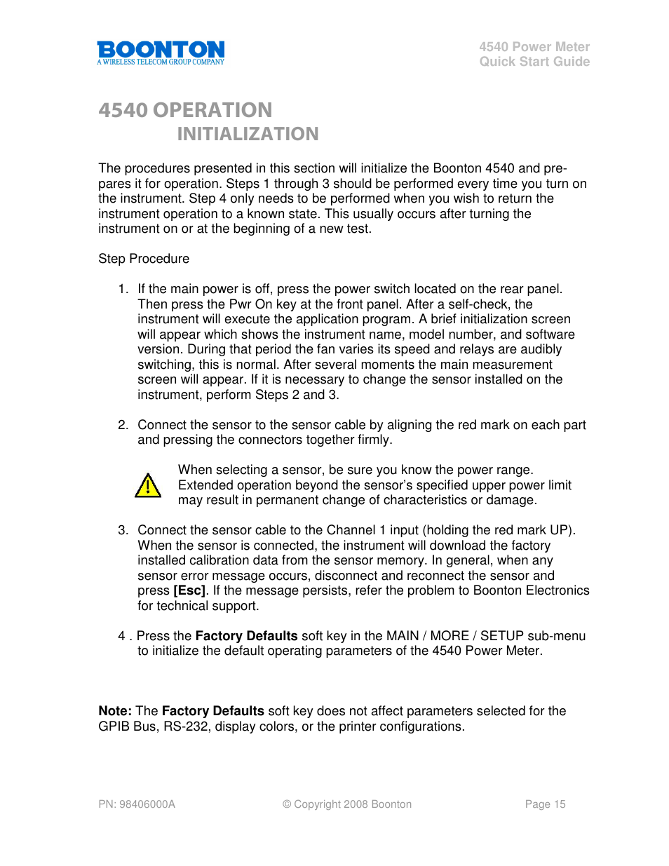 4540 operation, Initialization | Boonton 4540 Peak Power Meter Quick Start User Manual | Page 15 / 42