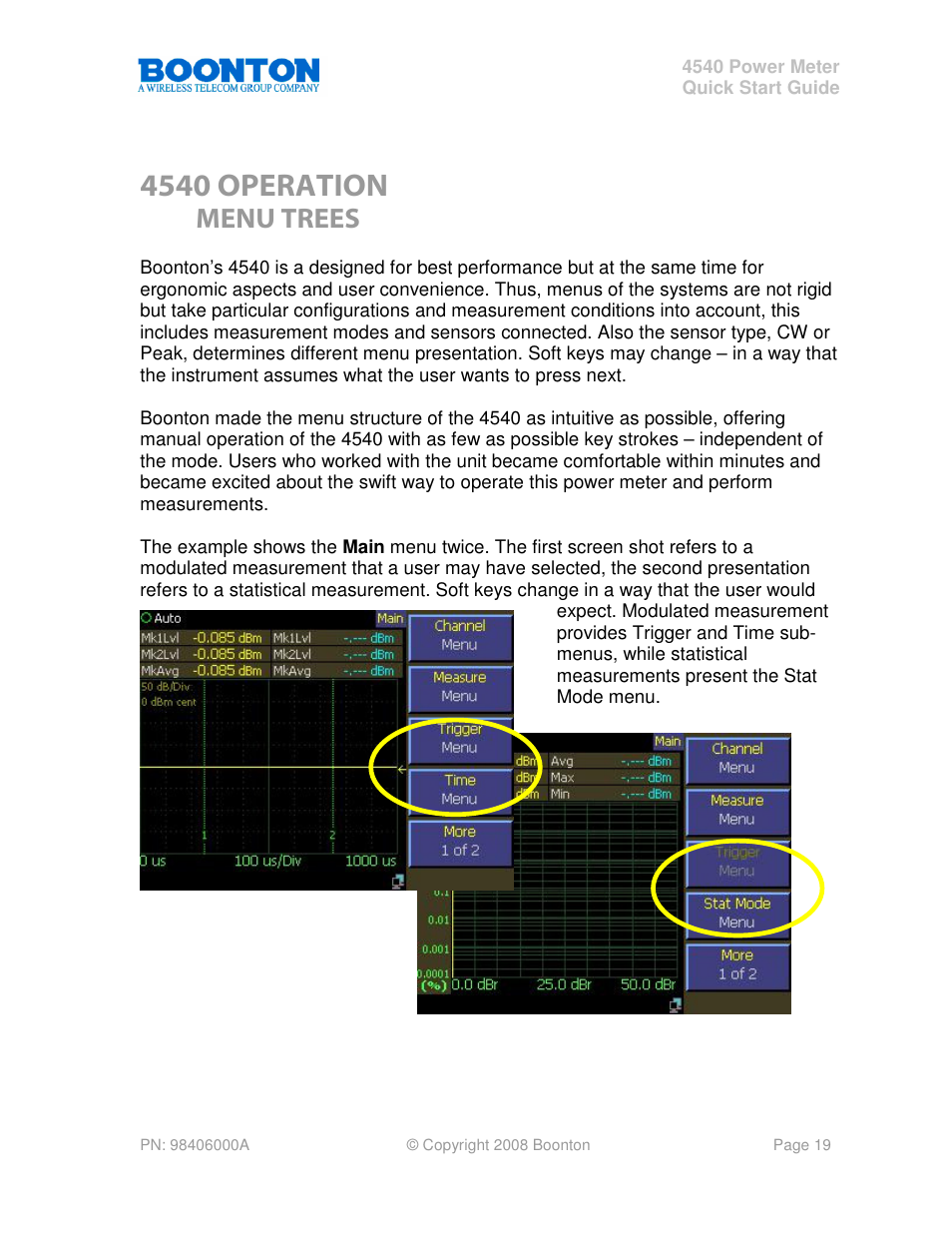 4540 operation, Menu trees | Boonton 4540 Peak Power Meter Quick Start User Manual | Page 19 / 42