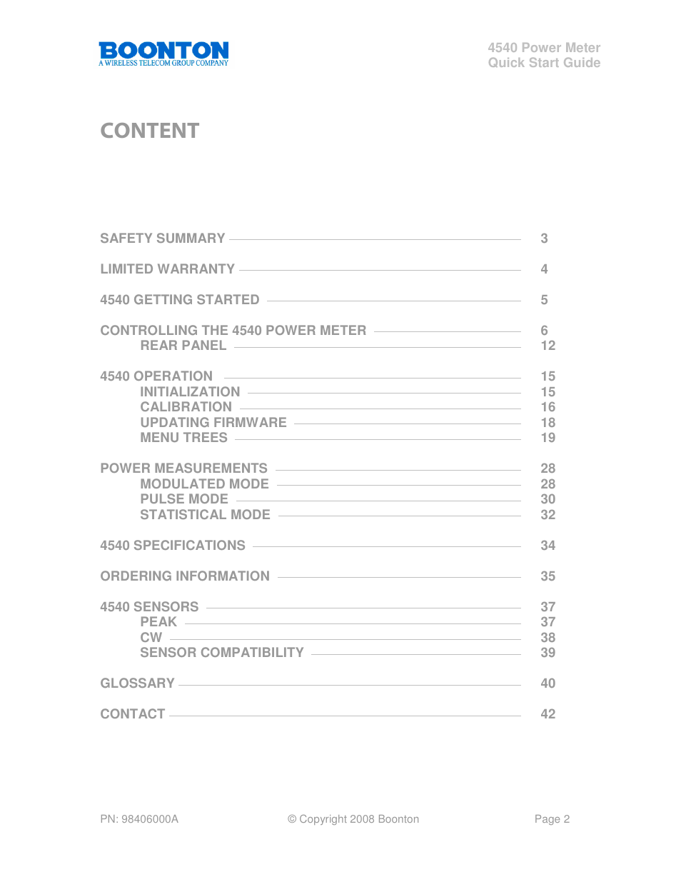 Content | Boonton 4540 Peak Power Meter Quick Start User Manual | Page 2 / 42