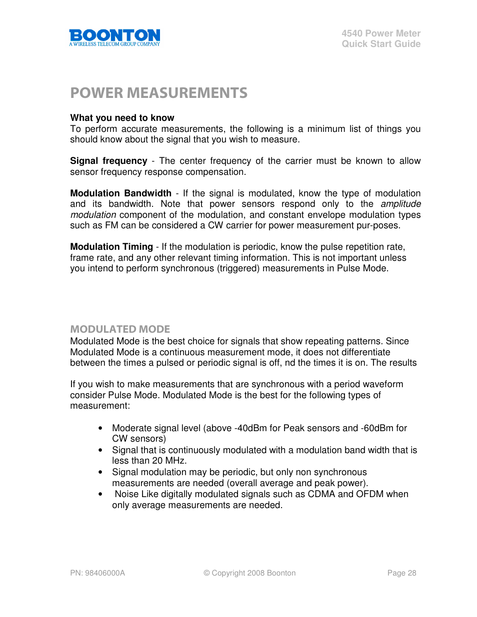 Power measurements | Boonton 4540 Peak Power Meter Quick Start User Manual | Page 28 / 42