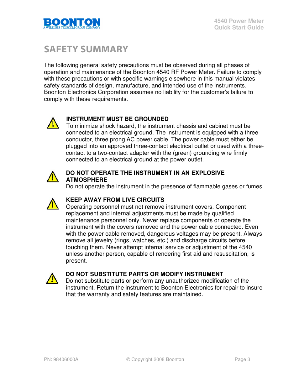Safety summary | Boonton 4540 Peak Power Meter Quick Start User Manual | Page 3 / 42