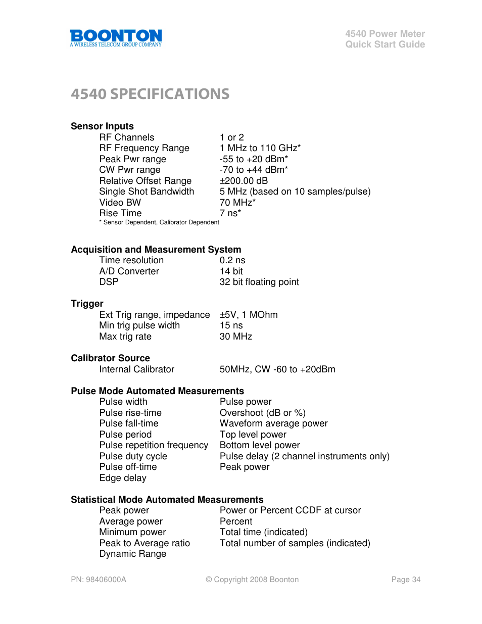 4540 specifications | Boonton 4540 Peak Power Meter Quick Start User Manual | Page 34 / 42