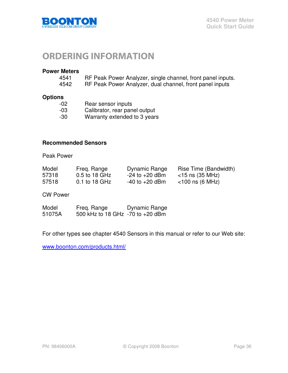 Ordering information | Boonton 4540 Peak Power Meter Quick Start User Manual | Page 36 / 42