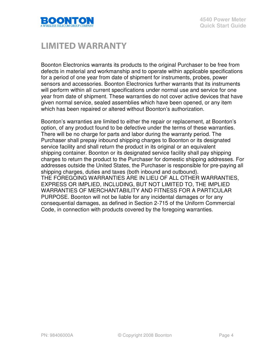 Limited warranty | Boonton 4540 Peak Power Meter Quick Start User Manual | Page 4 / 42