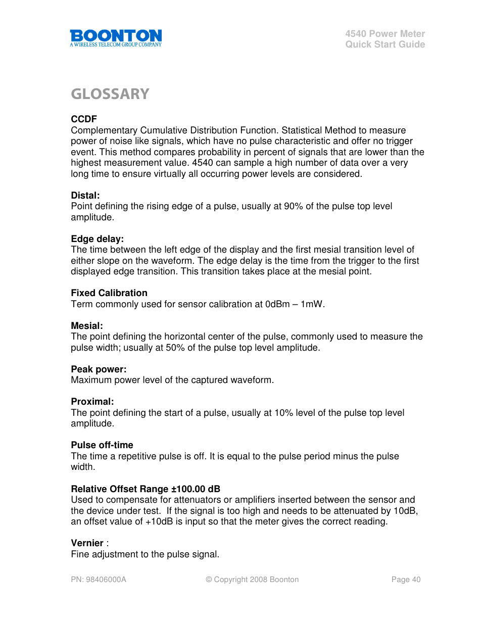 Glossary | Boonton 4540 Peak Power Meter Quick Start User Manual | Page 40 / 42