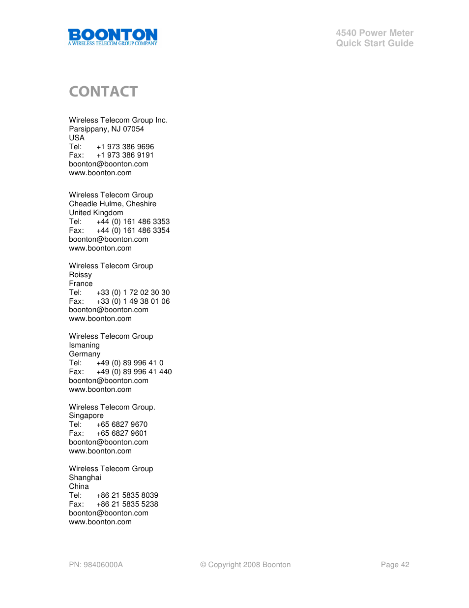 Contact | Boonton 4540 Peak Power Meter Quick Start User Manual | Page 42 / 42