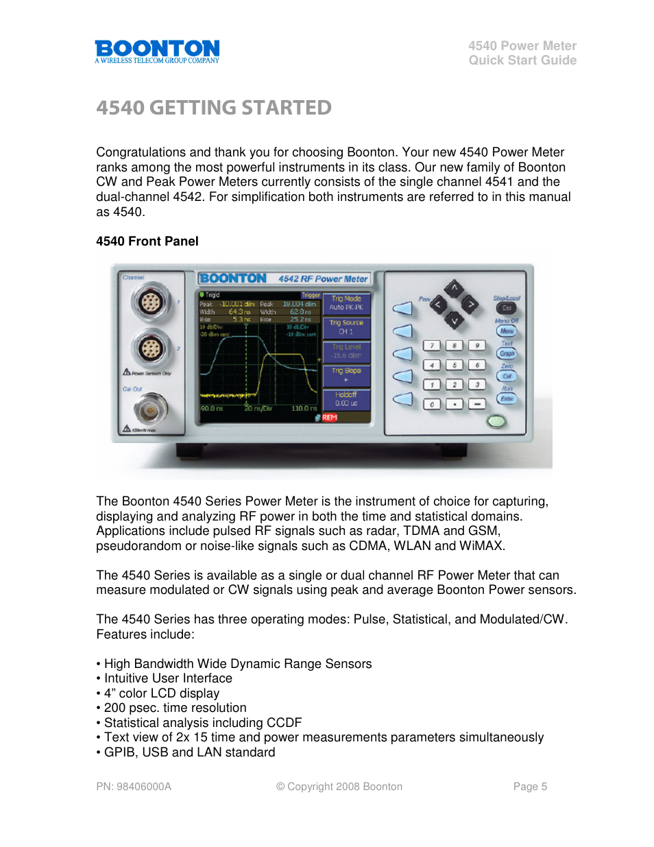 4540 getting started | Boonton 4540 Peak Power Meter Quick Start User Manual | Page 5 / 42
