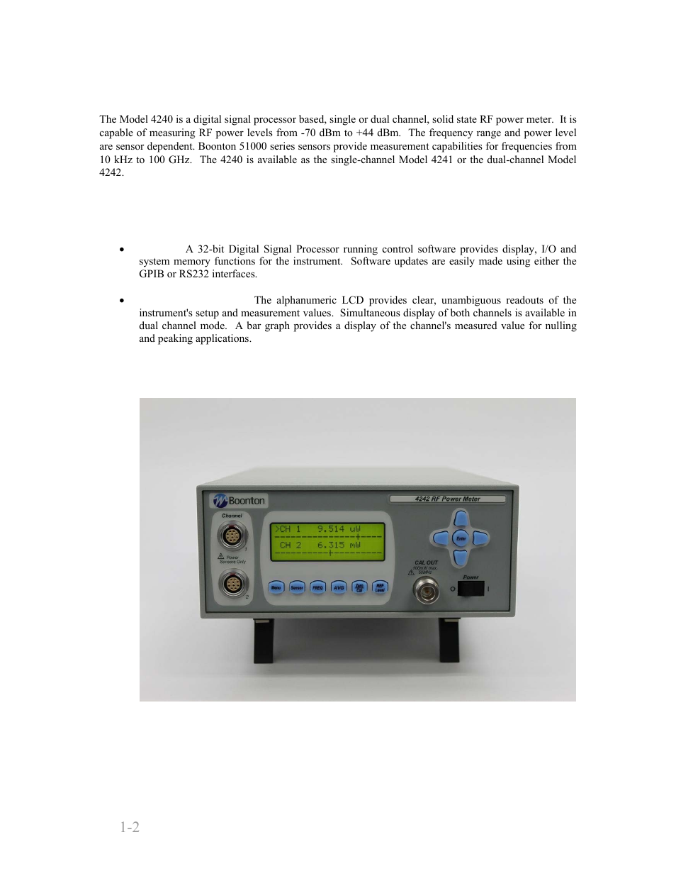 2 description, 3 features, 2 description -2 | 3 features -2, Boonton 4240 series rf power meter | Boonton 4240 RF Power Meter User Manual | Page 12 / 128
