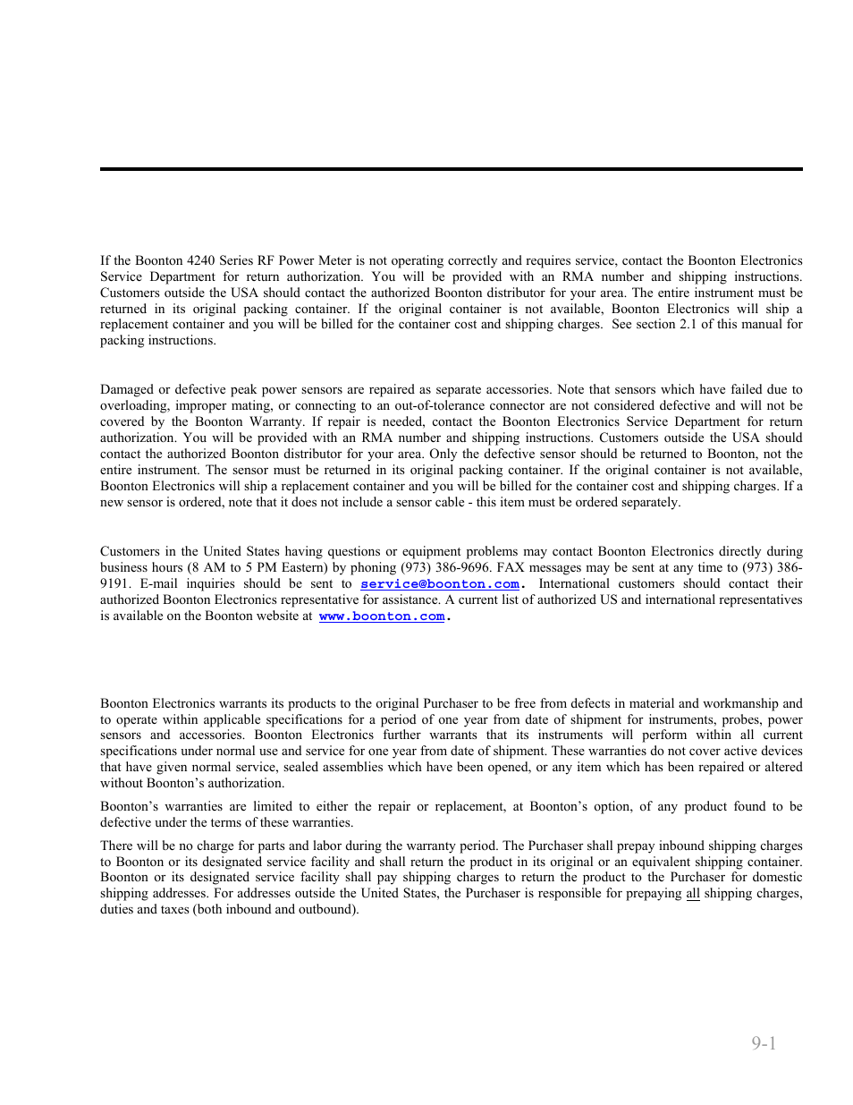 Appendix b warranty & repair, Repair policy, Limited warranty | Appendix b warranty & repair -1, Repair policy -1, Limited warranty -1, Boonton 4240 series rf power meter | Boonton 4240 RF Power Meter User Manual | Page 127 / 128