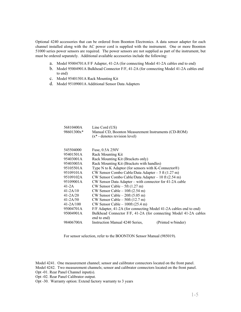 4 accessories, Standard, Optional | Sensors, 5 models, options and configurations, 4 accessories -5, Standard -5, Optional -5, Sensors -5, 5 models, options and configurations -5 | Boonton 4240 RF Power Meter User Manual | Page 15 / 128