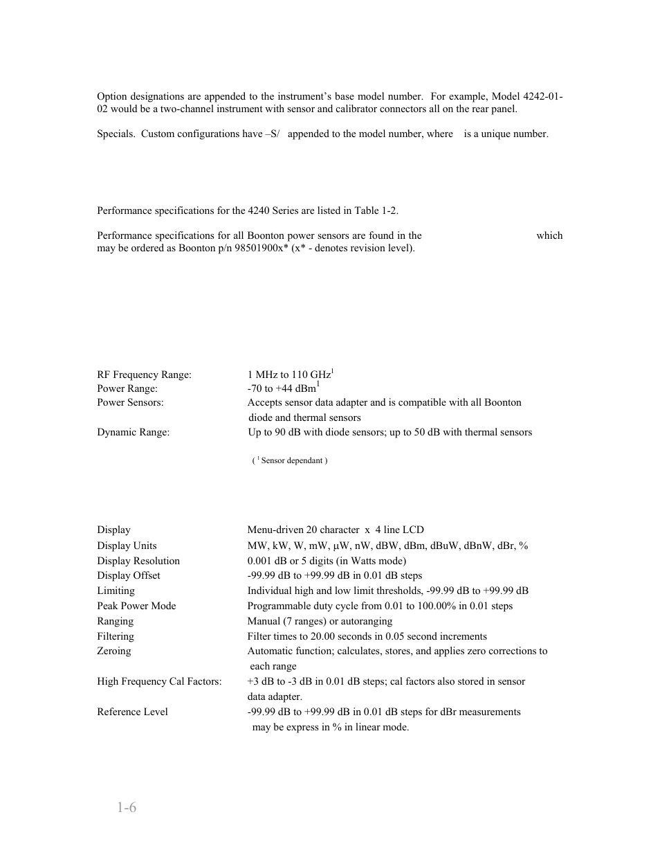 6 specifications, Sensor inputs, Features | 6 specifications -6, Sensor inputs -6, Features -6, Boonton 4240 series rf power meter, Table, General information 1-6 | Boonton 4240 RF Power Meter User Manual | Page 16 / 128