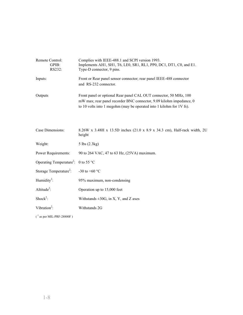 External interfaces, Physical and environmental characteristics, External interfaces -8 | Physical and environmental characteristics -8, Boonton 4240 series rf power meter, General information 1-8 | Boonton 4240 RF Power Meter User Manual | Page 18 / 128
