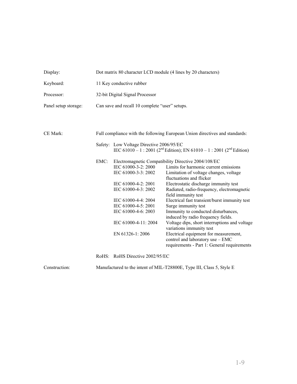 Other characteristics, Regulatory characteristics, Other characteristics -9 | Regulatory characteristics -9, Boonton 4240 series rf power meter, General information 1-9 | Boonton 4240 RF Power Meter User Manual | Page 19 / 128