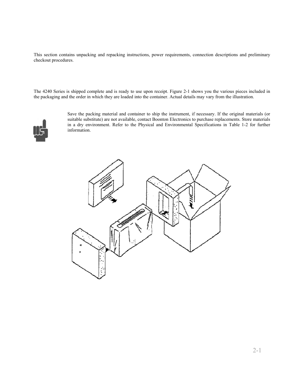 Installation, 1 unpacking & repacking, Installation -1 | 1 unpacking & repacking -1 | Boonton 4240 RF Power Meter User Manual | Page 21 / 128
