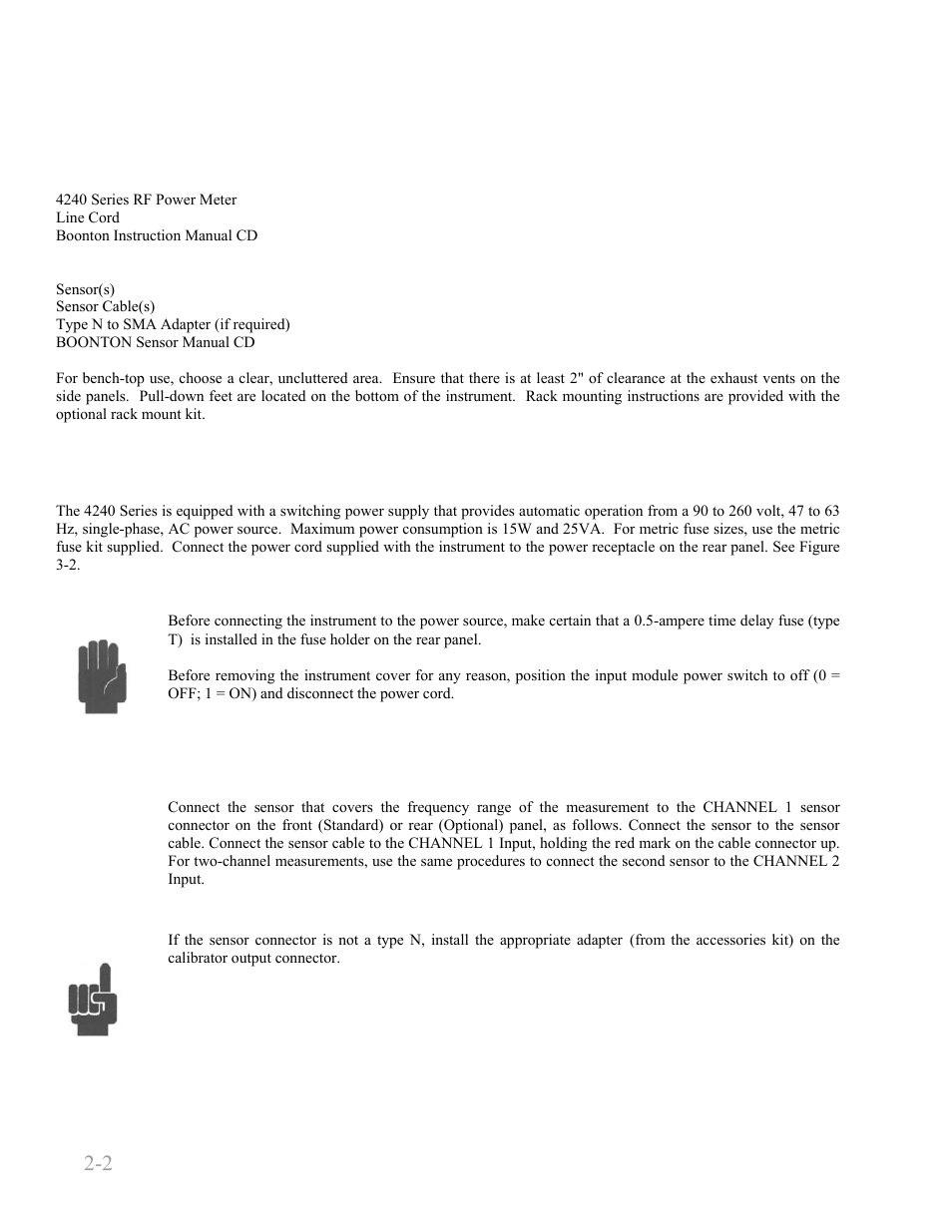 2 power requirements, 3 connections, 2 power requirements -2 | 3 connections -2, Boonton 4240 series rf power meter, Installation 2-2 | Boonton 4240 RF Power Meter User Manual | Page 22 / 128